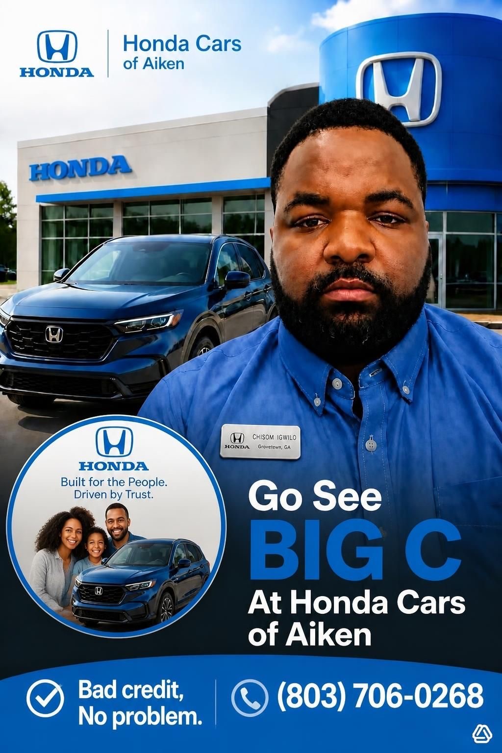 Big C in a blue Honda shirt at Honda Cars of Aiken, with his promotional branding and direct number